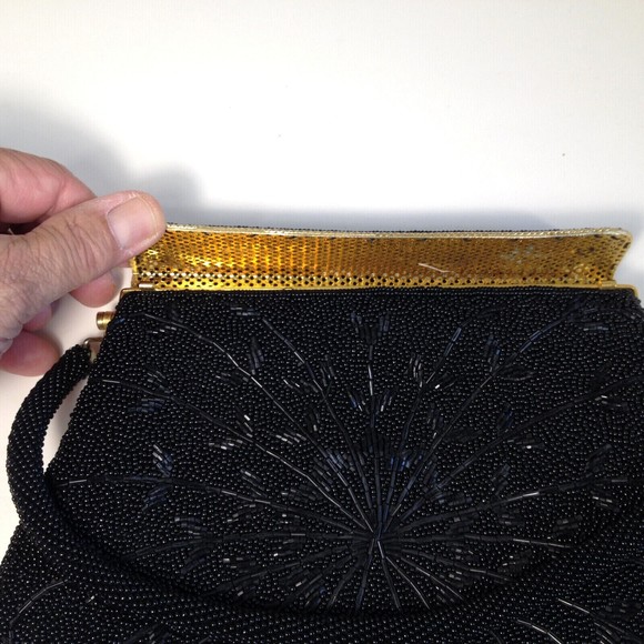 Vintage Black Beautifully Beaded Evening Handbag Gold Trim - Picture 7 of 12